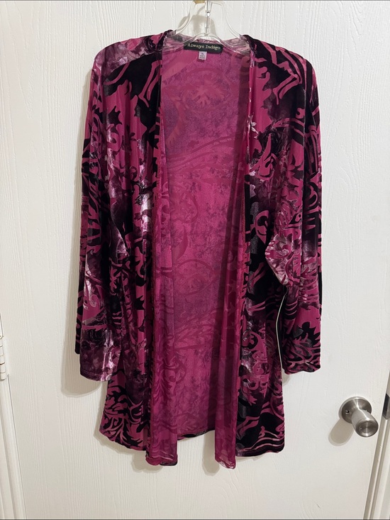 always indigo Sweaters - Always Indigo Burnout Velvet Kimono Berry Floral 3/4 Sleeve XL NWT Open Front